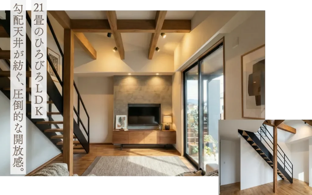 21畳のひろびろLDK。勾配天井が紡ぐ、圧倒的な開放感